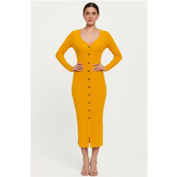 61 Yellow Long Sleeve Ribbed Midi Dress | Button Down Sweater Dress - Picture 1 of 3